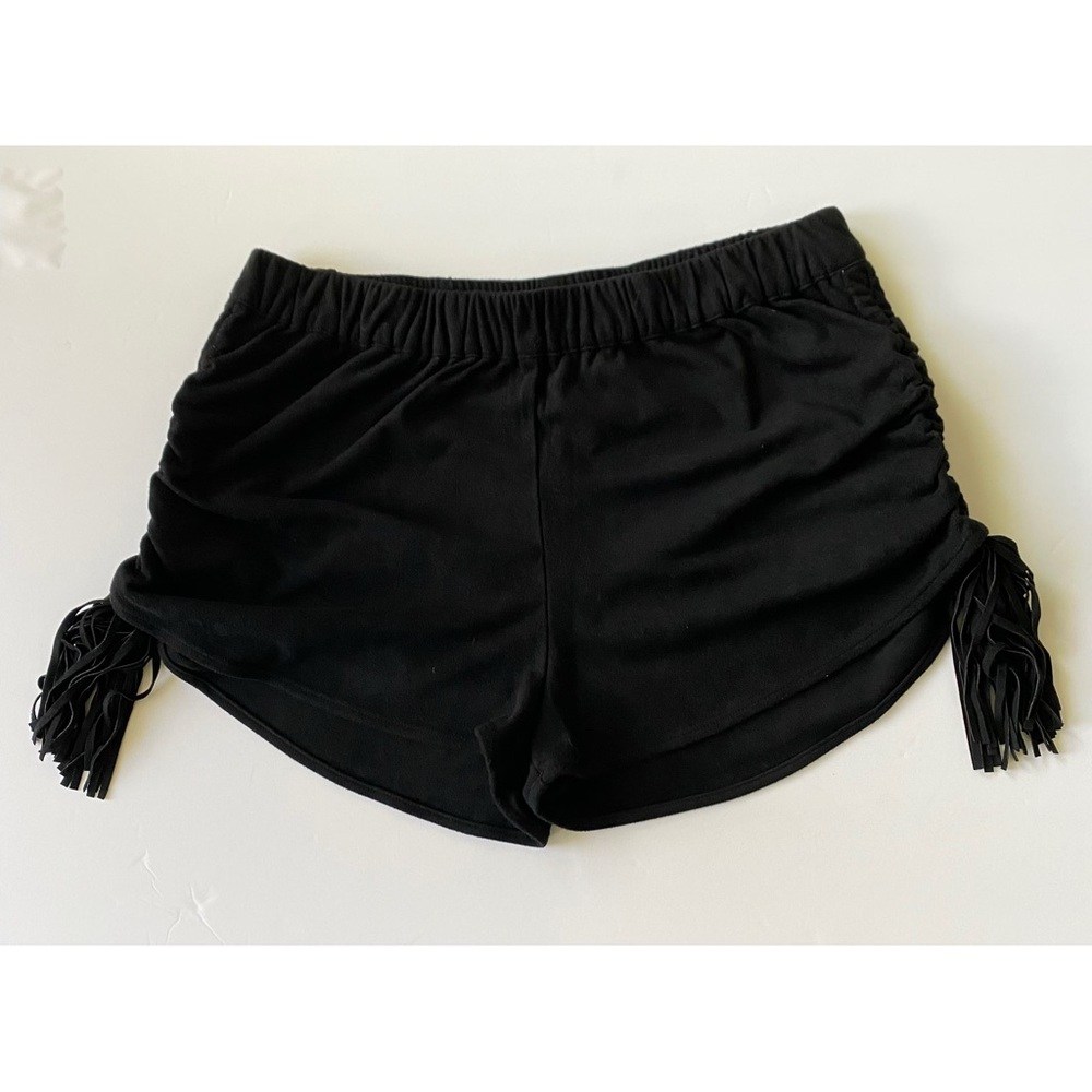 AStars Faux Suede Tassel Scrunch Adjustable Festival Shorts Black Size Small